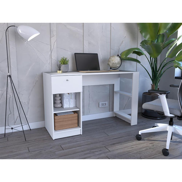 Escritorio Esmery, Blanco Duqueza, con un cajón y facil armado