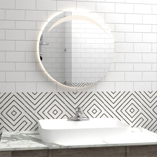 Espejo Bombay led+touch, En Forma redonda con diseño en Sandblasting en la parte superior - VIRTUAL MUEBLES