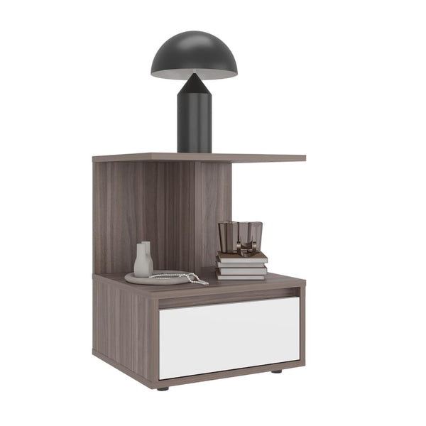 Mesa de Noche Mike, Avellana y Blanco Duqueza, con un cajon multiusos