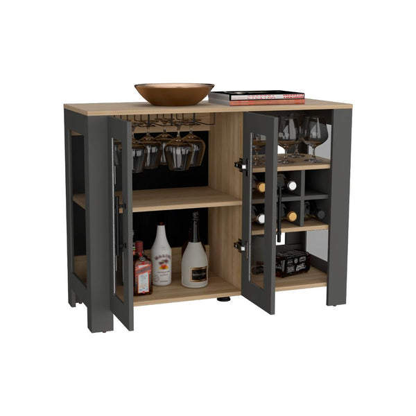 Bar Berky, Plata Oscuro y Fresno Europeo, con puertas de vidrio y manijas metálicas negras