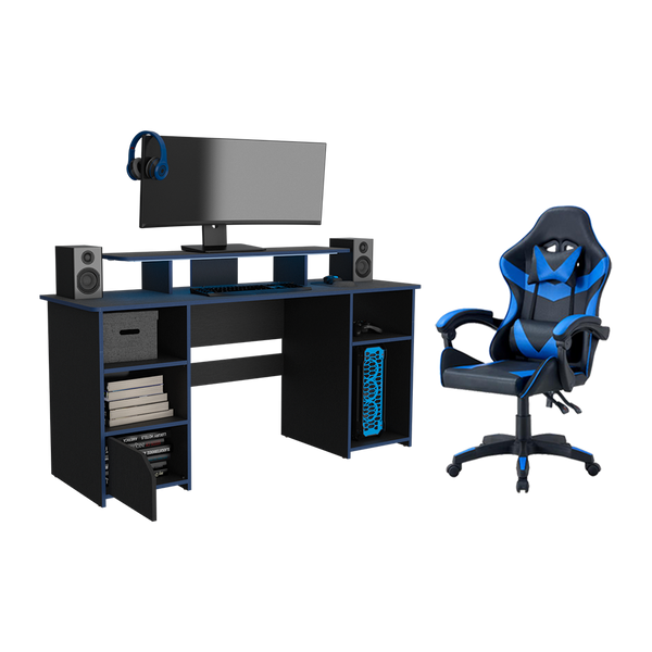 Combo para Oficina Bel, Azul y negro, Incluye Silla y Escritorio Gamer